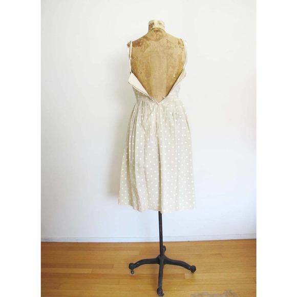 Vintage 50s Lace and Polka Dot Beige White Strappy Sundress XS - Picture 2 of 5